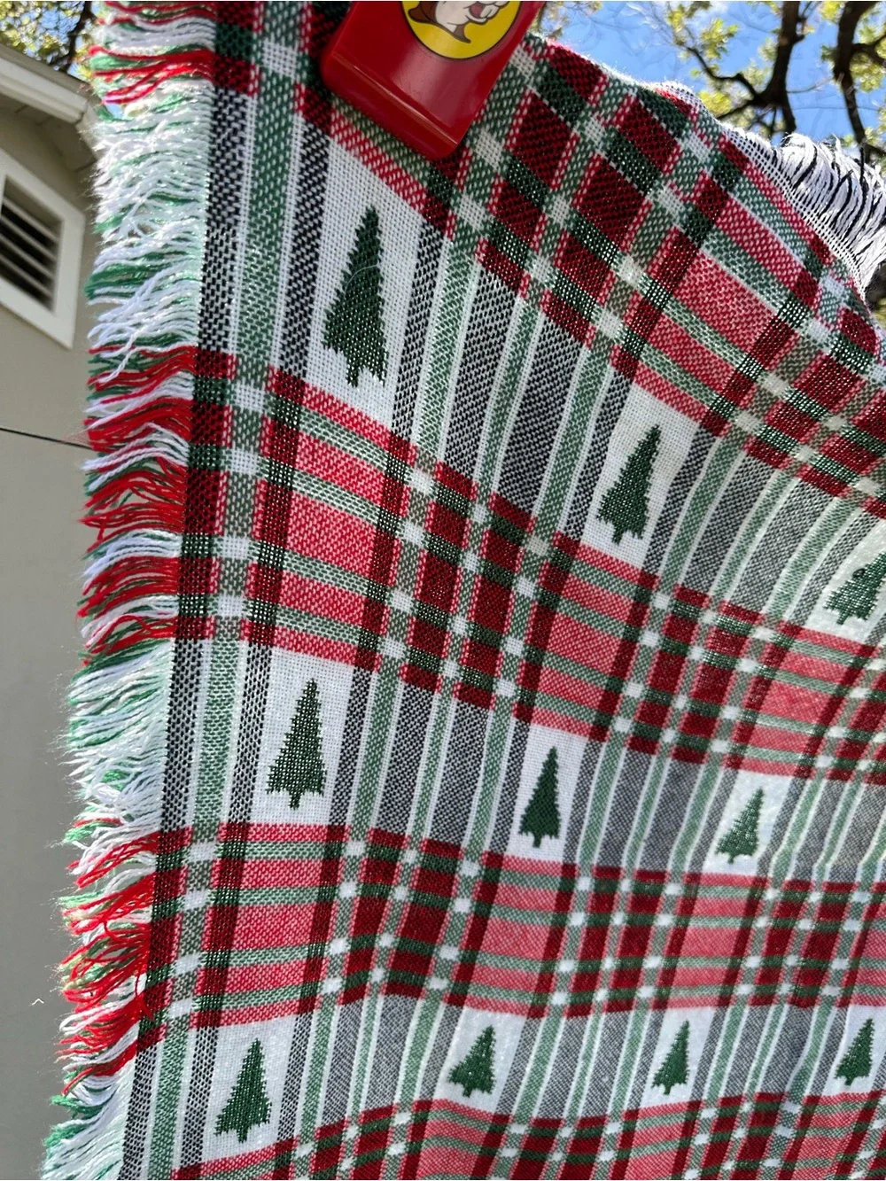 Holiday Plaid Throw Blanket with Pine Tree Motif - Red & Green reversible fringe